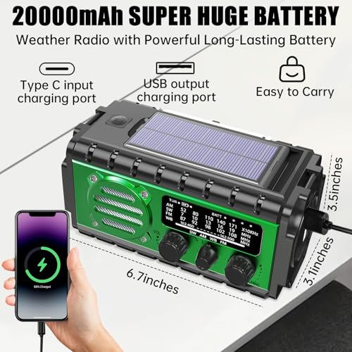 20000mah Emergency Radio, SW/NOAA/AM/FM Weather Radio, Solar Powered Hand Crank Chager with Bige Batery Powered,Portable,Cellphone Charge,SOS,Flashlight for Emergency/Home - Image 5