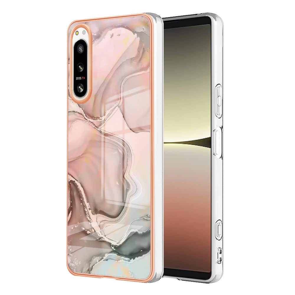 Case for Sony Xperia 5 IV Case, Marble Pattern Transparent Silicone Protective Cover, Soft TPU Border Full Body Shockproof Cover for Sony Xperia 5 IV-Rose golden