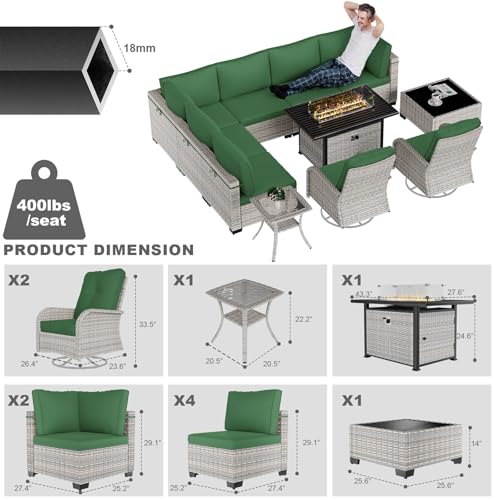 Image of 11-Piece Patio Furniture Set, Outdoor Patio Furniture with 55,000 BTU Fire Pit Table, Swivel Chairs Set, Thick Cushions, Modular Patio Sofa, Dual-Strand Wicker Rattan, Rust-Resistant Frame, Dark Green