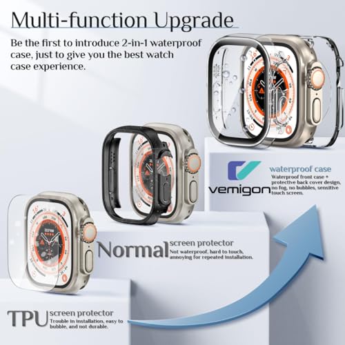 Image of VEMIGON Waterproof Case for Apple Watch Ultra 3 / Ultra 2 / Ultra with Tempered Glass Screen Protector 49mm, Full Coverage Hard PC Bumper Back Frame, Protective Cover for iWatch Ultra- (49mm Clear)