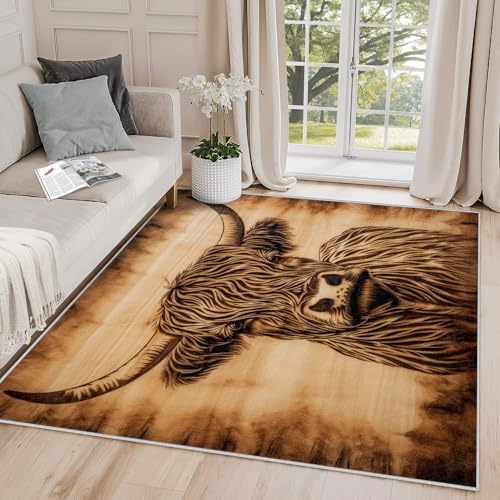 Image of Yoozitrees Highland Cow Rug - 3x5 Rustic Farm Animal Western Area Rug, Vintage Farmhouse Door Mat, Washable & Non Slip & Soft Small Carpet, Highland Cow Home Decor