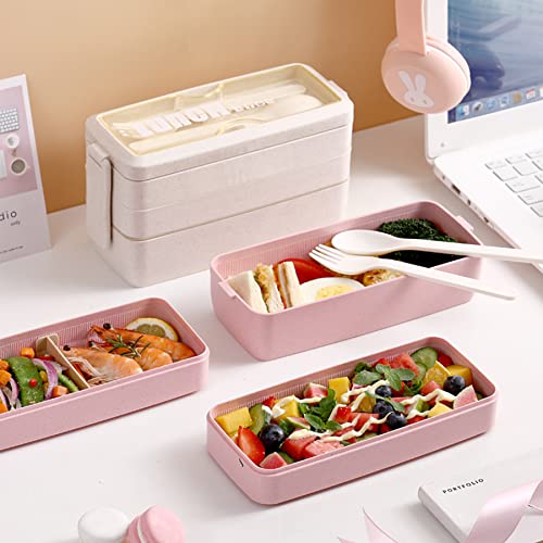 Jbgoyon Bento Box Adult Lunch Box 1000 Ml Stackable Lunch Containers For Adults, Leakproof 3-In-1 Compartment Bento Boxes Set, Built-In Cutlery, Soup Cup, Tote Lunch Bag, Snack Bag (Pink) #TOP6