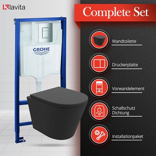Lavita Vorwandelement Solido + Wand Hänge WC Galve Schwarz Spülrandlos + WC Sitz mit Absenkautomatik Verchromter Knopf Komplettset Unterputz Spülkasten Toilette Komplett Sett WC – Bild 3