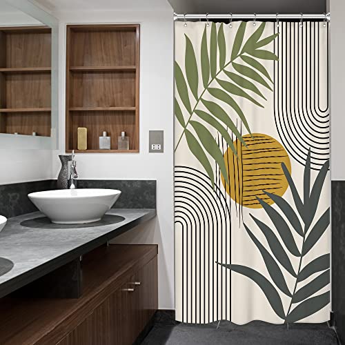 Image of Riyidecor Abstract Leaves Shower Curtain Mid Century Boho Sun Geometric Vintage Simple Modern Plant Minimalist Curve 36Wx72H Inch Aesthetic Fabric Decor Bathroom Polyester Waterproof 7 Pack Hooks