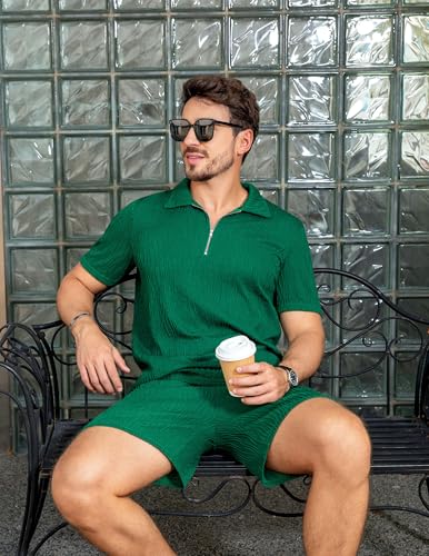 Image of ZAFUL Men's 2 Pieces Sets Outfits Summer Beach Set Short Sleeve Button Down Zip Up Shirt And Short Sets
