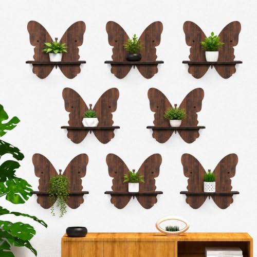 Image of Wall Mounted Planter Holder Set of 8 | Wooden Plant Stand | MDF Floating Wall Shelf | Indoor Plant Shelf | Plant Pot Holder | Wall Decor | Living Room, Bedroom, Balcony, Office | Brown
