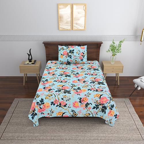 Image of Mafatlal Saanjh 144 TC Cotton Single Bedsheet 90x60 Inch | Designer Cotton Bed Sheet for Bedroom | Lightweight & Soft | Pillow Cover Included | Cobalt Blue