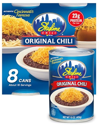 Skyline Chili Canned Chili 15 oz Cans (8-Pack) Authentic Ground Beef Cincinnati Chili with No Beans High-Protein Chili Dog Sauce Hot Dog Chili Coney Sauce Ready to Heat