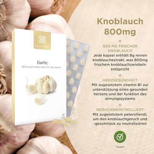 Healthspan Knoblauch 800 mg | Herzgesundheit | Zusatz von Vitamin B1 | Zusatz von Petersilienöl für die Neutralisierung des Geruchs | Vegan | 180 Kapseln