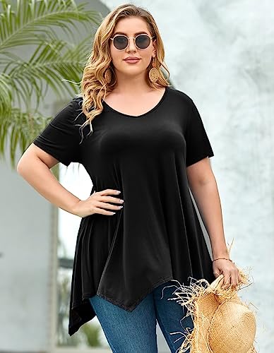 LARACE Plus Size Tops for Womens Summer Clothes Short Sleeve Shirts Casual V Neck Tunic Asymmetrical Blouses4