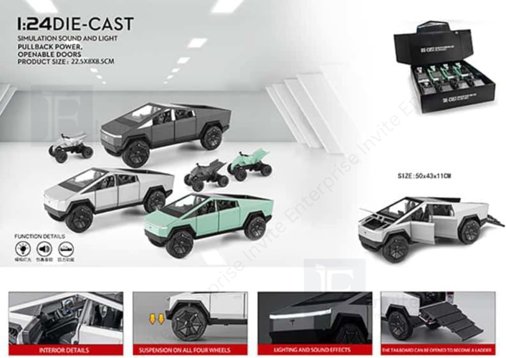 Image of 1:24 Scale Tesla Cybertruck Model Collection Enthusiasts Toy Pull Back Pick-Up Truck With Sound And Light, Alloy Diecast Toys For Kids Gift?Colors As Per Stock?(1:24 Tesla Truck)