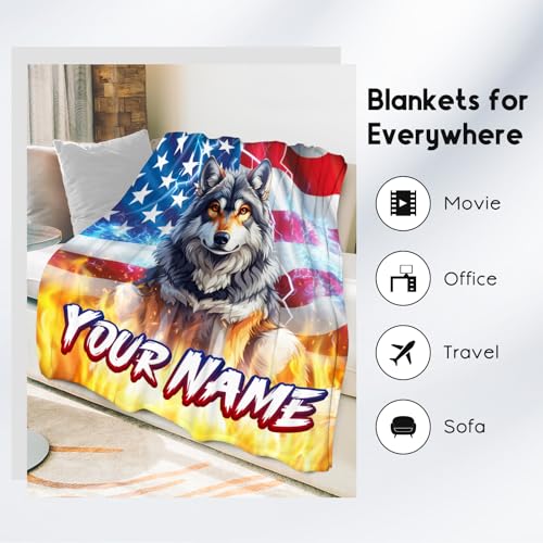 Personalized Boys Blanket - Wolf Blankets for Men - Custom Gifts with Name - Soft Flannel Throw for Couch, Bed - 4 Sizes