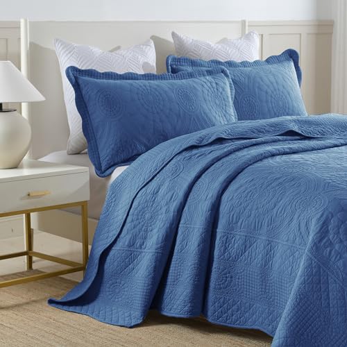 MarCielo 3-Piece 100% Cotton Oversized Bedspread Lightweight Quilt Coverlet Embroidery Farmhouse Bedding Set (Tf Midtone Blue, Oversized King (118"x106"))