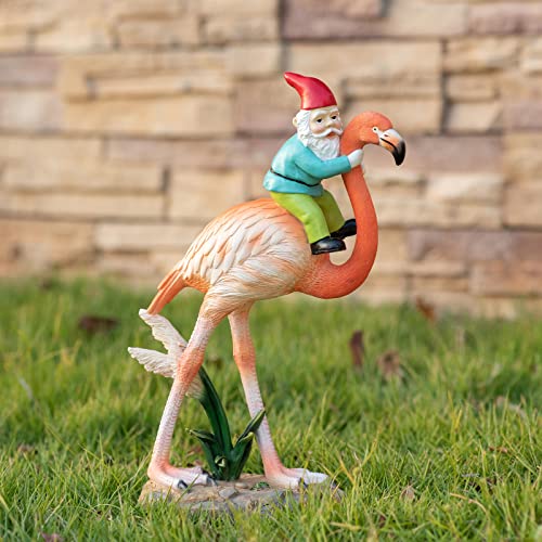 Suynybhf Garden Gnome Statue Outdoor Funny Garden Gnomes Riding Flamingo House Kitchen Figurine Patio Lawn Yard Art Housewarming Funny Resin Sculpture 11.6 Inch Gift By Hand Painted #TOP1