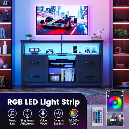 Haewon Black TV Stand with LED Lights and Power Outlets, Entertainment Center for 55 inch TV, Media Console Table with 4 Fabric Drawers and Open Shelf for Living Room, Wood Top and Metal Frame - Image 5