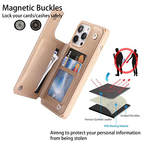 Image of Cavor for iPhone 14 Pro Case with Card Holder,for iPhone 14 Pro Wallet Case for Women Men,Phone Case for iPhone 14 pro with Stand Credit Card Holder, Leather Strap Shockproof Cover- Golden