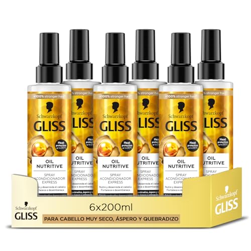 Gliss - Acondicionador Bifásico Sin Aclarado Express para pelo muy seco, castigado o quebradizo – Oil Nutritive - 6uds de 200ml (1.200ml) - Gama Nutrición