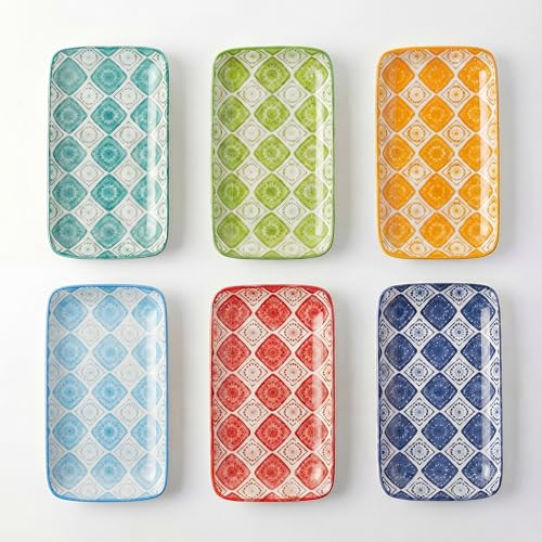 Platos Postre Porcelana Plato Rectangular - Juego de Platos Ceramica Diseño Colores - 6 Pequeños Plato Cocina para Aperitivos | Sushi | Tapas | Snack - Apto para Microondas y Lavavajillas - 20 x 11 cm