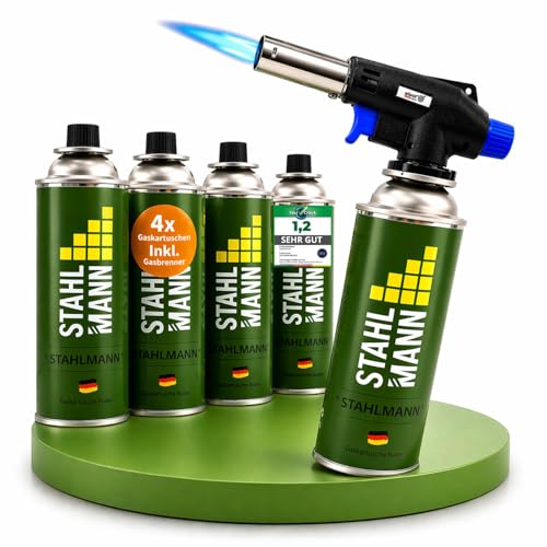 STAHLMANN Gasbrenner mit Kartusche 227g Schweißbrenner max. 1300C Temperatur Lötlampe mit Piezozündung Bunsenbrenner Küche -Küchenbrenner (4x Gaskartuschen)
