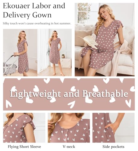 Ekouaer Labor and Delivery Gown 3 in 1 Nursing/Hospital/Breastfeeding/Maternity Flying Short Sleeve Nightgown with Button Mauve Heart L — view 4