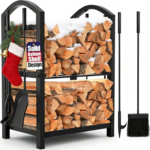 Best Firewood Racks Reviews AMAGABELI GARDEN & HOME Firewood Rack Indoor with Tools 5-Piece Fireplace Tools Set Wood Holder Outdoor Wrought Iron Log Holder Firewood Storage Rack for Christmas Fireplace,Fire Pit,Wood Stove Black