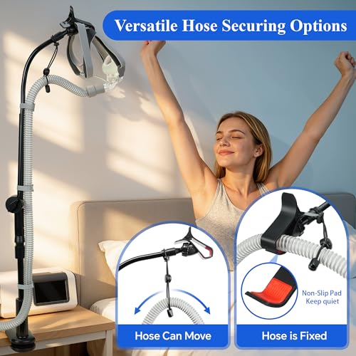Image of CPAP Hose Holder for Bed, 360 Adjustable CPAP Stand Bedside with No-Drill C-Clamp, Knob-Control CPAP Hose Hanger & Lift, Metal CPAP Tube Holder with Mask Hook and Hose Straps (Black)