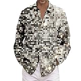 Disco Hemd Herren 70er Outfit Glitzer Hemden Langarm Glänzende Business Shirt Freizeithemden Party Karneval Kustüm Discokugel Nachtklub Musikfestival Pailletten Silvester Glitzerhemd Golden Rot 4xl Xl