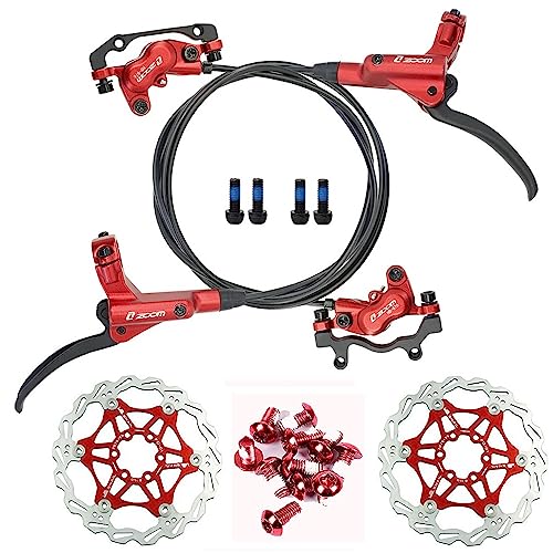 NYK Zoom 4 Piston Hydraulic Disc Brakes Mountain Bike Sets MTB Front & Rear Set with Floating Disc Rotor 160mm & Color Bolts (Red)