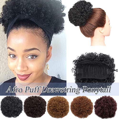 Afro Kinky Curly Updo Scrunchy Hair Bun Afro Puff Elastic Drawstring Ponytail With Clips For African American Black Women Synthetic Short Wrap Puff Ponytail Hair Extensions (Dark Black)
