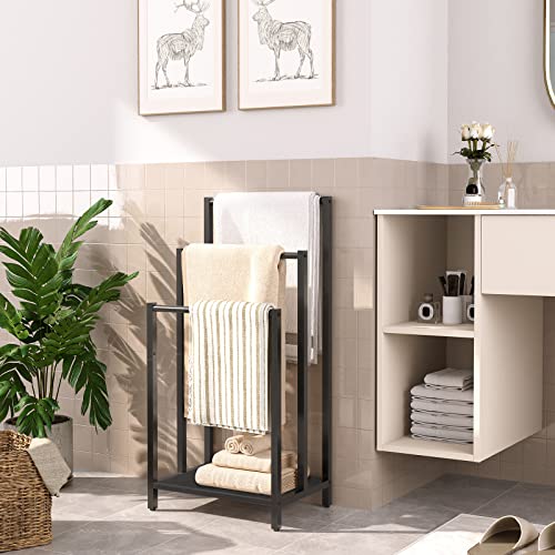 Hoobro Freestanding Towel-Rack, 3 Tier Blanket Ladder Holder For Bathroom, 16.9/'' L X 11/'' W X 31.9/'' H, Metal Rack, Industrial Drying And Display Rack With Shelf, Black Bb03Lb01, Black + Black #TOP1