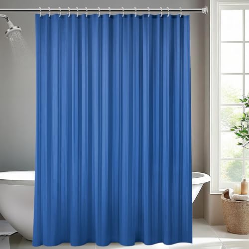 Image of Wakefit Shower Curtain 8 Feet | 14 Free Hooks | No Plastic Smell | Waterproof Bathroom Curtain | Curtain for Balcony | Machine Washable Fabric | Blue Stripes | Height 8ft & Width 6ft | Very Premium