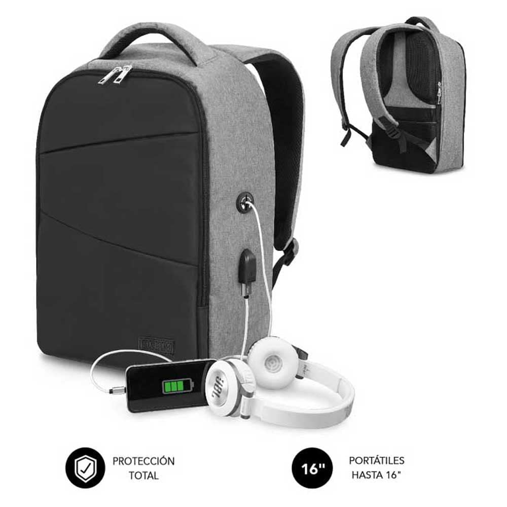Mochila Subblim Secure V2 AP para Portátiles hasta 15.6"/ Puerto USB/ Antirrobo/ Gris