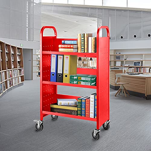 Bestequip Book Cart, 200 Lbs Library Cart, 49.2''X29.5''X13.8'' Rolling Book Cart, Single Sided V-Shaped Sloped Shelves With 4'' Lockable Wheels For Home Shelves Office School Book Truck, Red #TOP1