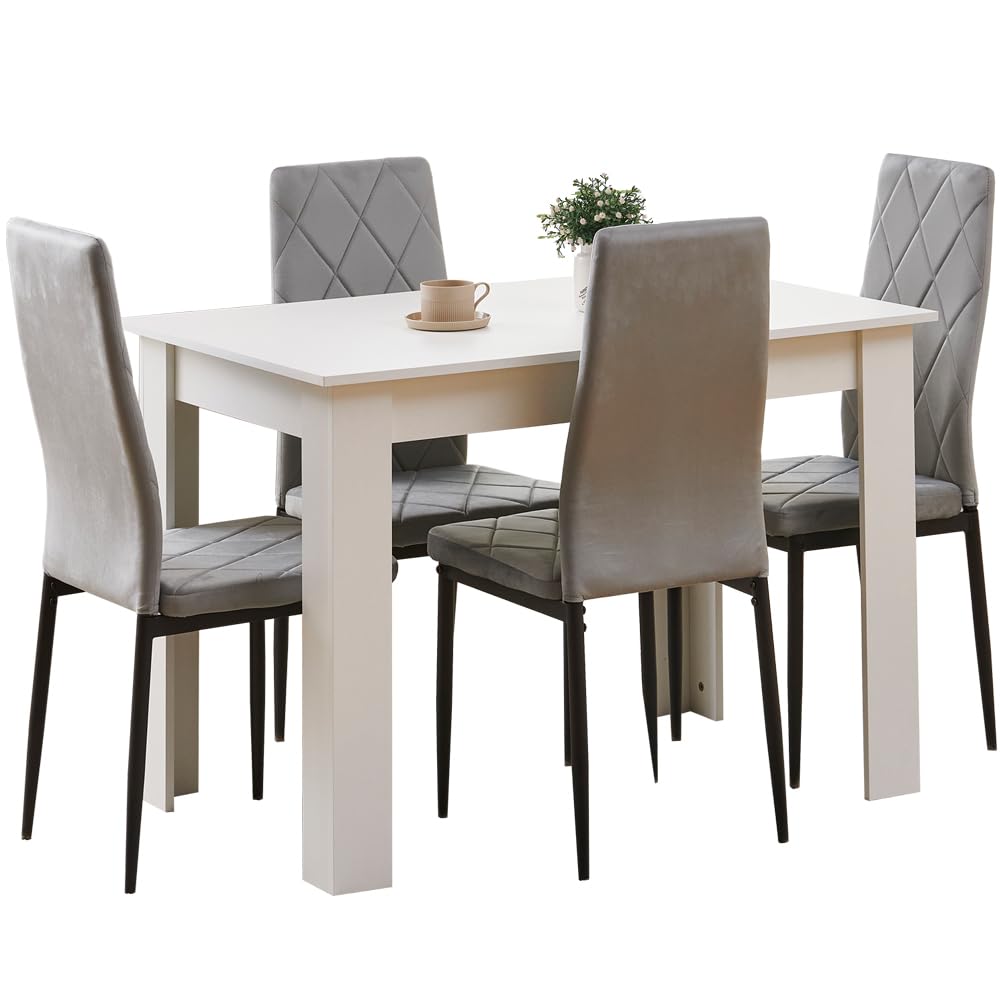 Homullel 5 Piece Dining Room Table and Chairs Set for Dining Room Kitchen, Modern Wooden Dining Table with Chairs for Family Dinner Set (With 4Pcs Grey Argyle Velvet Chairs, 110cm White Table)
