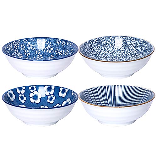 6.1" Pasta Bowl Set，Set Of 4, 18OZ Porcelain Salad Bowls,Ceramic Bowls For Cereal, Dessert, Ice-cream. Four Classical Blue Patterns.