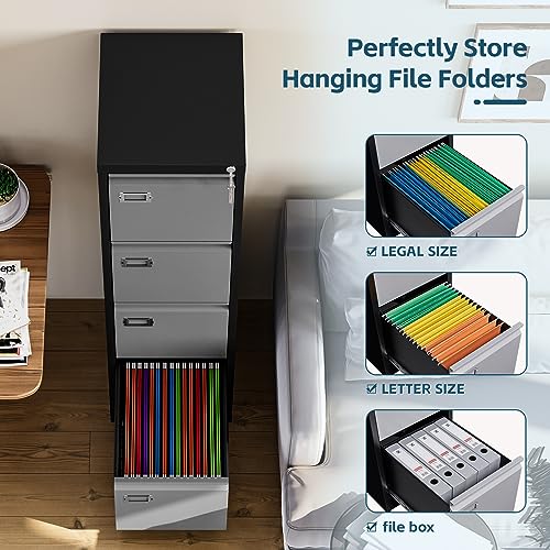 Image of MIIIKO 4 Drawer File Cabinet, Metal Vertical Filing Cabinets with Lock, Home Office File Folders Storage Cabinet for Letter Legal A4 File Size