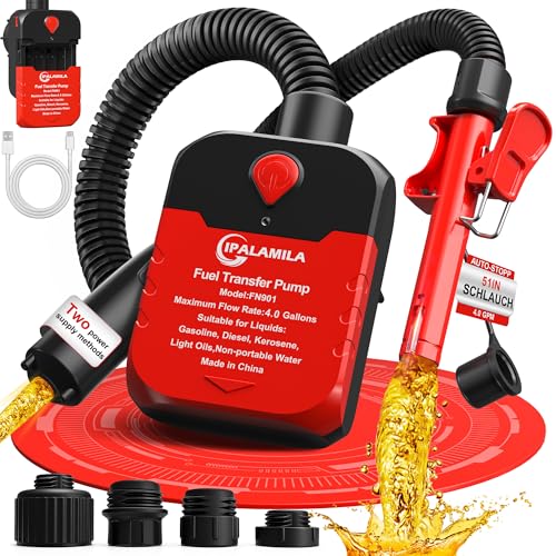 Automatic Fuel Transfer Pump with Auto-Stop 4.0 GPM per minute Battery or USB Powered Transfer Pump 51 Hose 4 Can Adapters Fast and Safe Portable Power Battery Fuel Pump for Oil Diesel Gasoline.