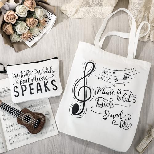 Sadnyy 2 Pieces Music Tote Bag for Women, Canvas Tote Bag with Travel Cosmetic Bags, Aesthetic Canvas Handbag, Music Themed Gifts for Women Teacher Students Musician Lover4