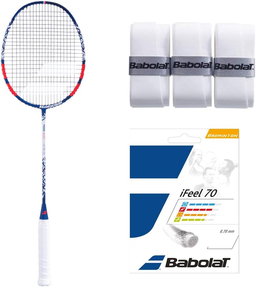 BABOLAT PRIME BLAST FULL GRAPHITE STRUNG BADMINTON RACKET WITH I-FEEL 70 STRING 10.2M,0.70MM GAUGE AND PRO TACKY X3 WHITE OVERGRIP PACK OF 3