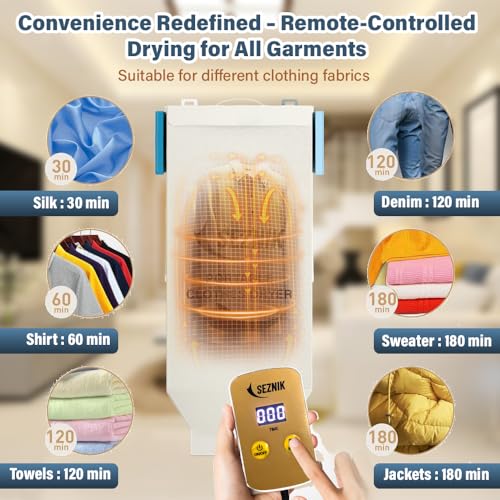 Image of SEZNIK Portable Clothes Dryer, Compact Electric, UV Sterilizer, Wrinkle Remover with PTC Heating & Timer | Foldable, Hangable Dryer | Quick Drying for Home and Travel Use (SZ-CD07)