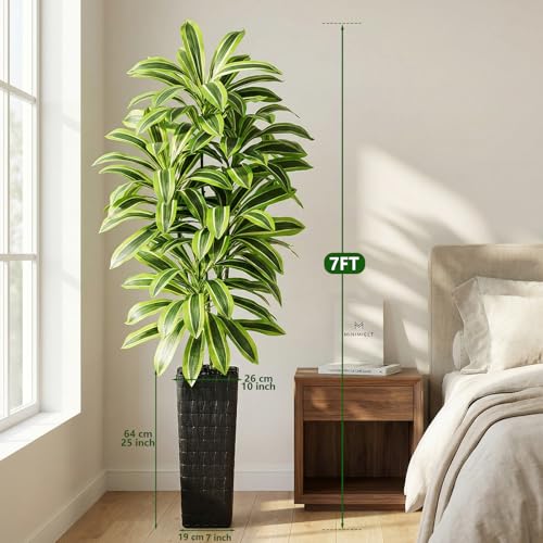 Image of Artificial Yellow Dracaena Tree Indoor, 7FT Tall Fake Floor Plants with Black Planter & Pebbles, Faux Silk Yucca Tree for Home Office Living Room Bedroom Farmhouse Modern Outdoor Topiary Tree