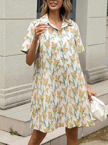 Image of LifeShe Summer Floral Dress Women's Printed Casual Sundress Short Sleeve Button Up Shirt Dresses with Pockets
