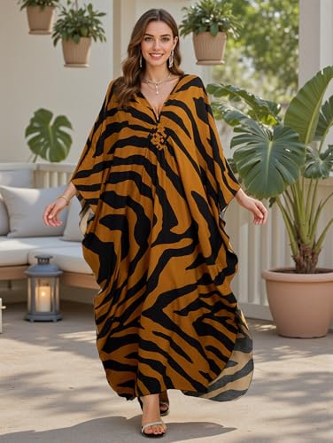 Image of IMAGEKOPE Women's Plus Size Animal Print V-Neck Batwing Kaftan Beach Dress Bathing Suit Cover-Up Loungewear