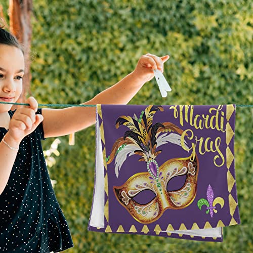 Wamika Mardi Gras Masquerade Party Hand Bath Towel Hanging Towels Set Fleur De Lis Mask Beads Confetti Feather Purple Golden Plaid Kitchen Dish Towel Highly Absorbent 2Pcs #TOP6