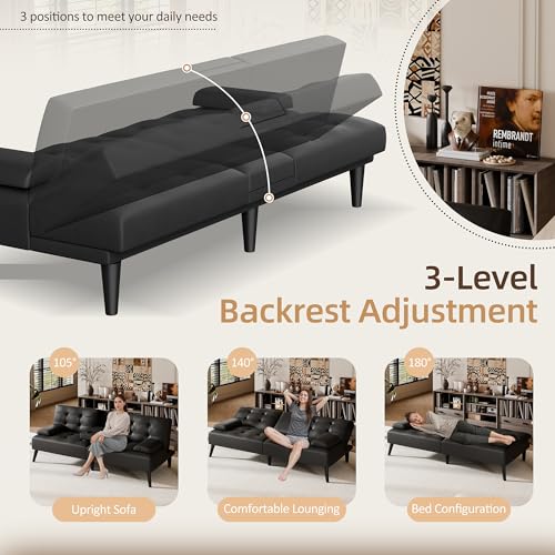 Shintenchi Futon Sofa Bed, Leather Foldable Couch, Reclining Sleeper w/Removable Armrests, Upholstered Loveseat w/Folding Cup Holders for Home, Office, Black - Image 6
