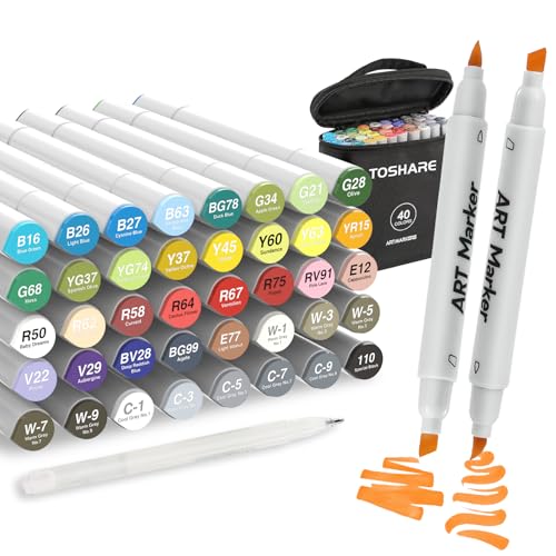TOSHARE 40 Colors Alcohol Markers - Double Tip Art Markers Alcohol Based Marker Brush&Chisel Nib Blender Art Pens Permanent Sketch Marker for Kids Adults Coloring and Artist Illustration