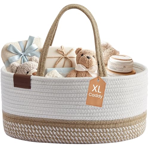 Image of DECOMOMO Baby Caddy Organizer, Diaper Caddy Basket, Baskets for Baby Shower Gifts (Spiral Beige & White, Extra Large)