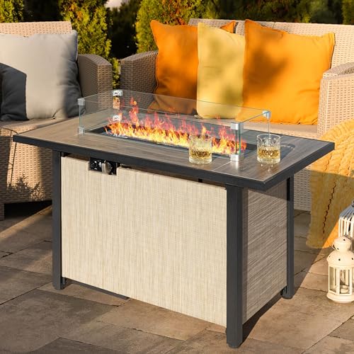 Image of Nuu Garden 43 Inch Propane Fire Pit Table CSA Listed 50000 BTU Gas Fire Pit with Lid Glass Wind Guard and Fire Glass Beads 2 in 1 Rectangular Outdoor Fire Table for Patio Backyard Light Brown
