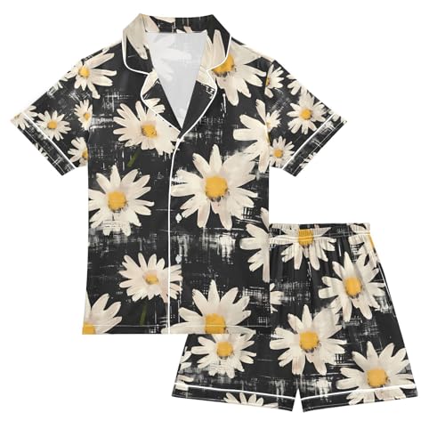 senya Flowers with Black Satin Summer Pajama Sets Silk Short Sleeve Button Down Sleepwear