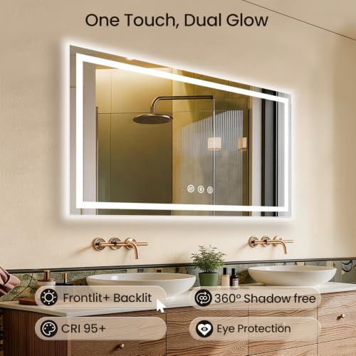 Image of 55x36 LED Bathroom Mirror with Anti-Fog, Backlit & Front Lit, Memory | Stepless Dimmable 3 Color CRI 95+ Shatterproof Tempered Glass ETL Listed for Safety Lighted Bathroom Vanity Mirror for Wall